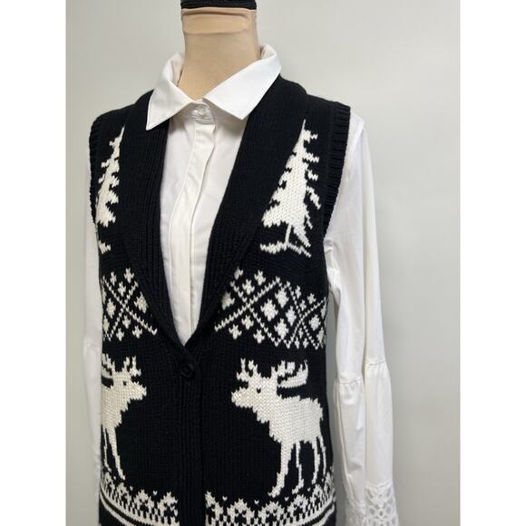 Coldwater Creek Fair Isle Moose Cardigan Sweater Vest Large 14 Cabincore Granny - Picture 3 of 14